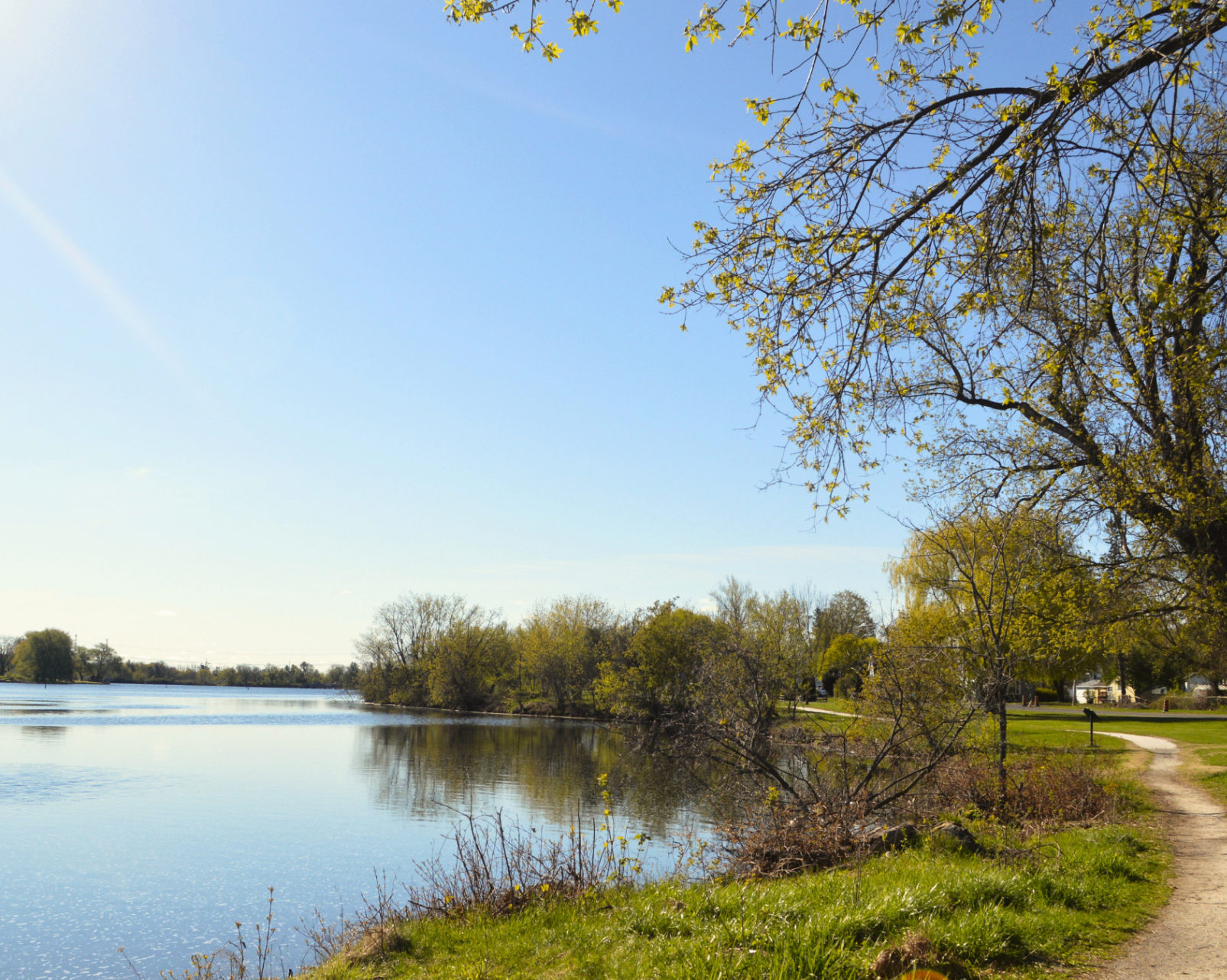 A calm, tree-lined Smiths Falls waterfront on a clear spring day.