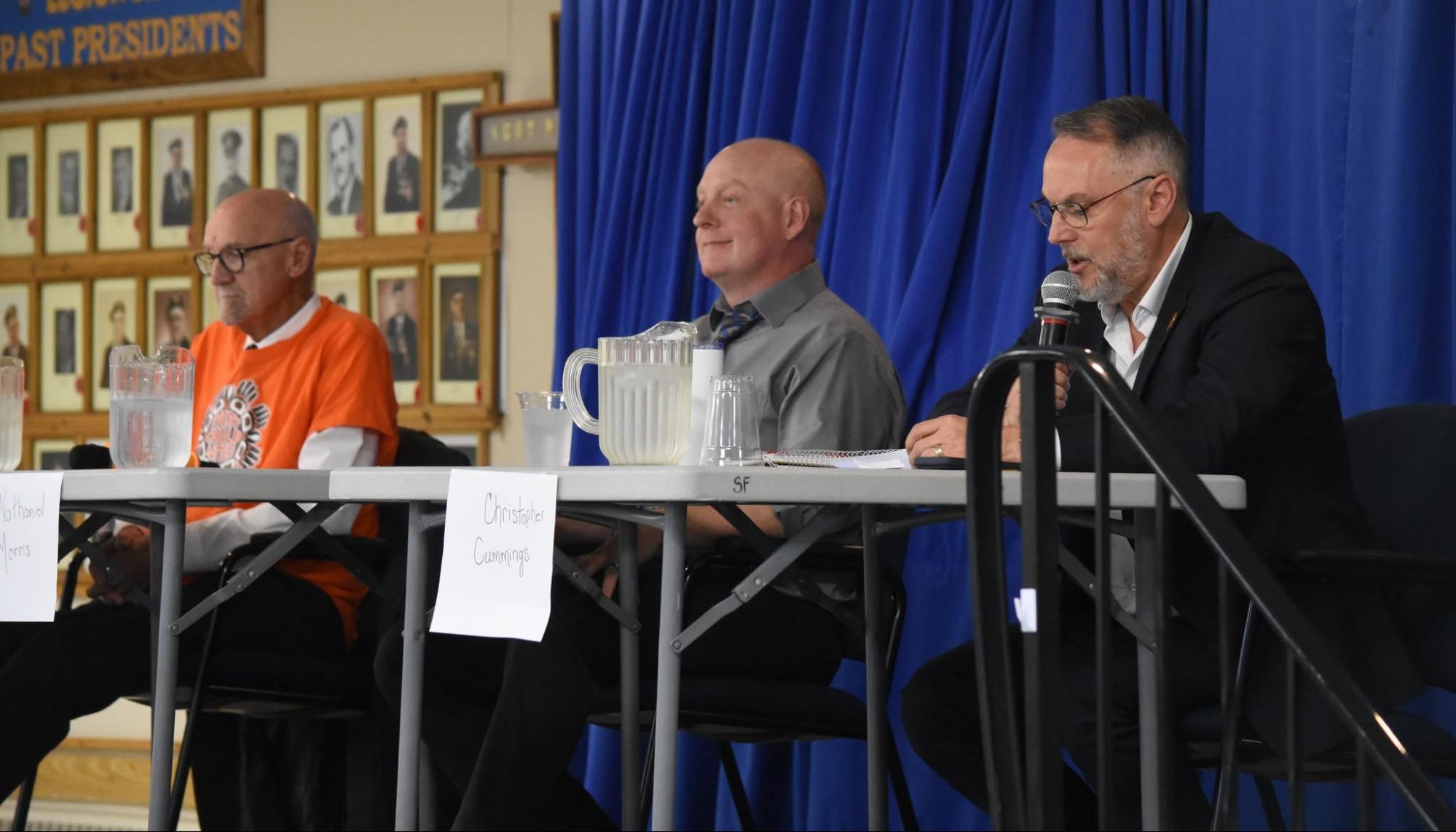 Smiths Falls mayoral candidates Peter McKenna, Nate Morris and Christopher Cummings at the all-candidates meeting