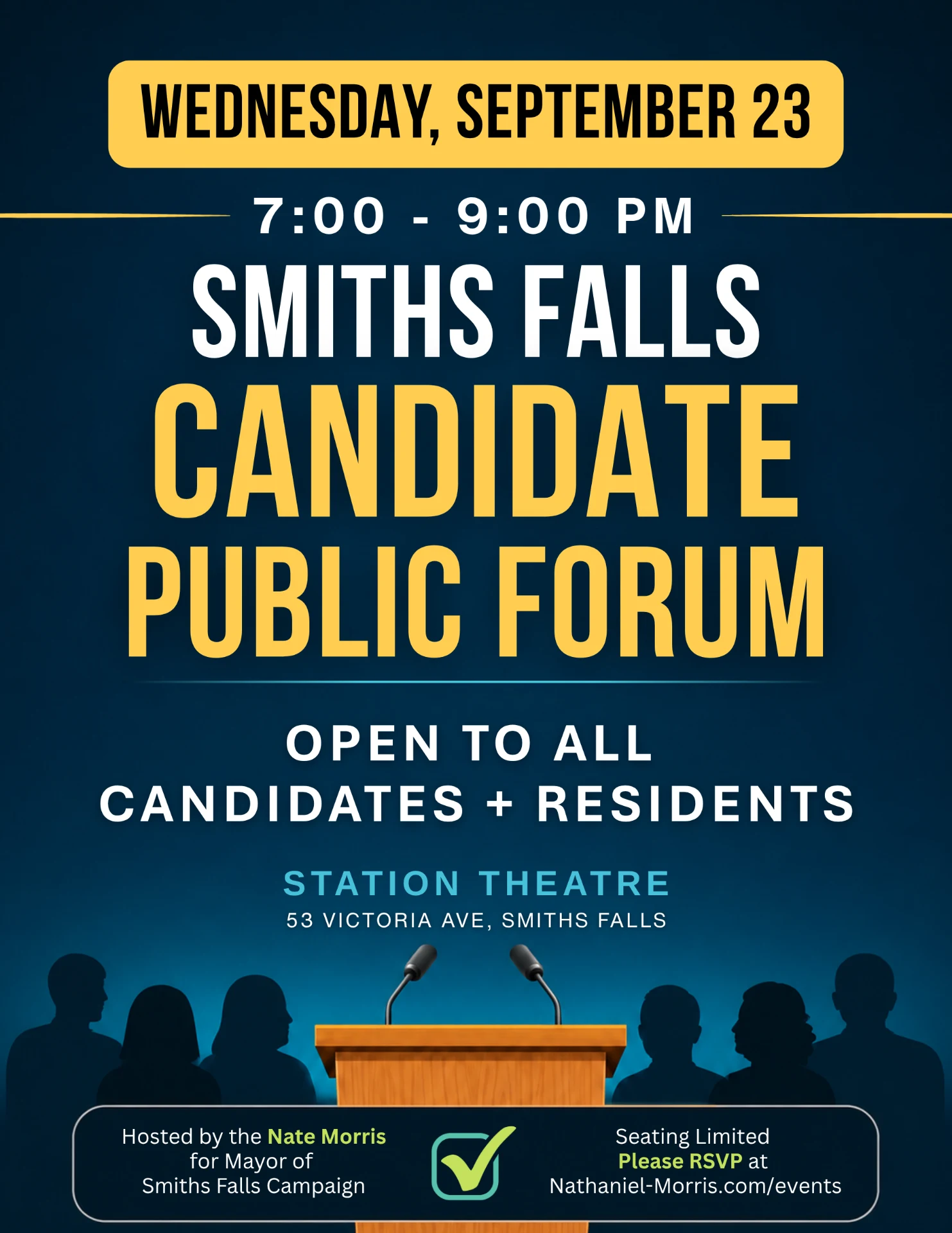 Smiths Falls Candidate Public Forum flyer for September 23, 2026 at Station Theatre, hosted by the Nate Morris for Mayor campaign.
